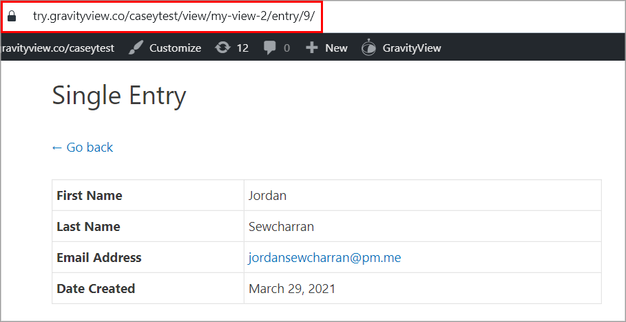 Single entry view with fields: First Name, Last Name, Email, Date Created
