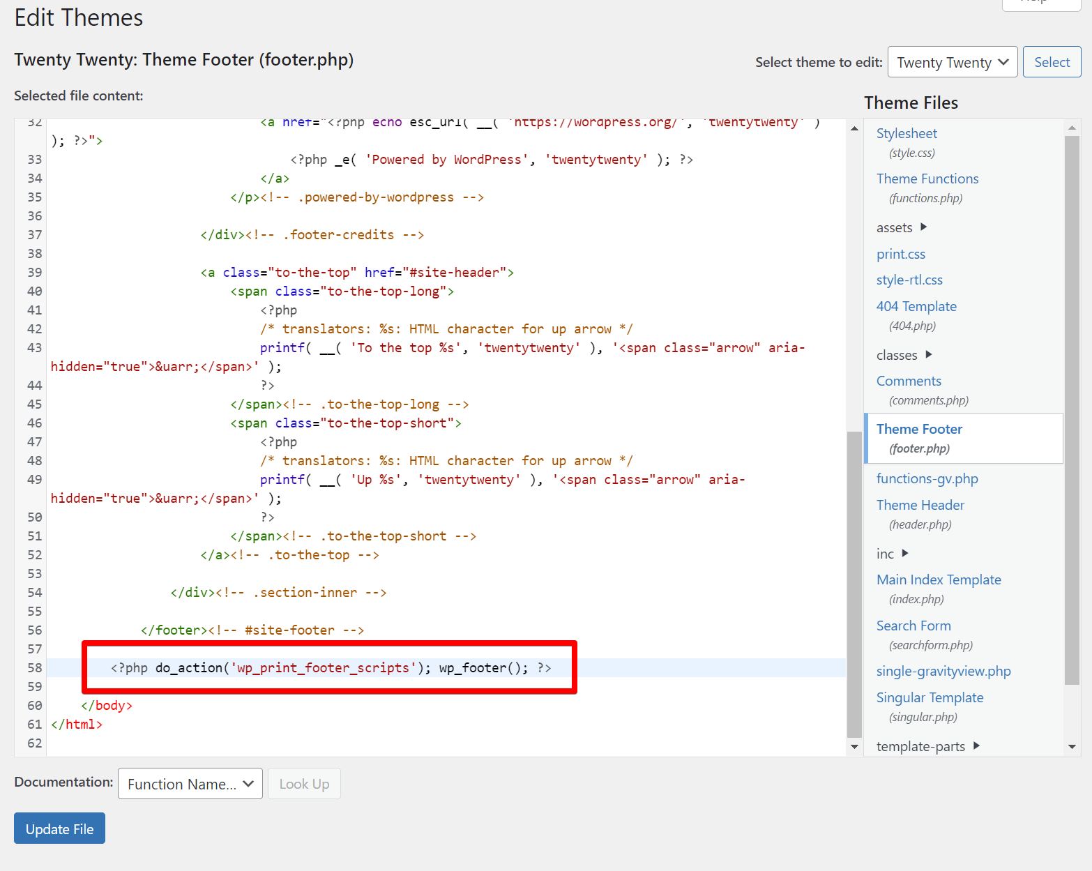 Code editor showing a footer.php file with a highlighted code block for WordPress footer scripts