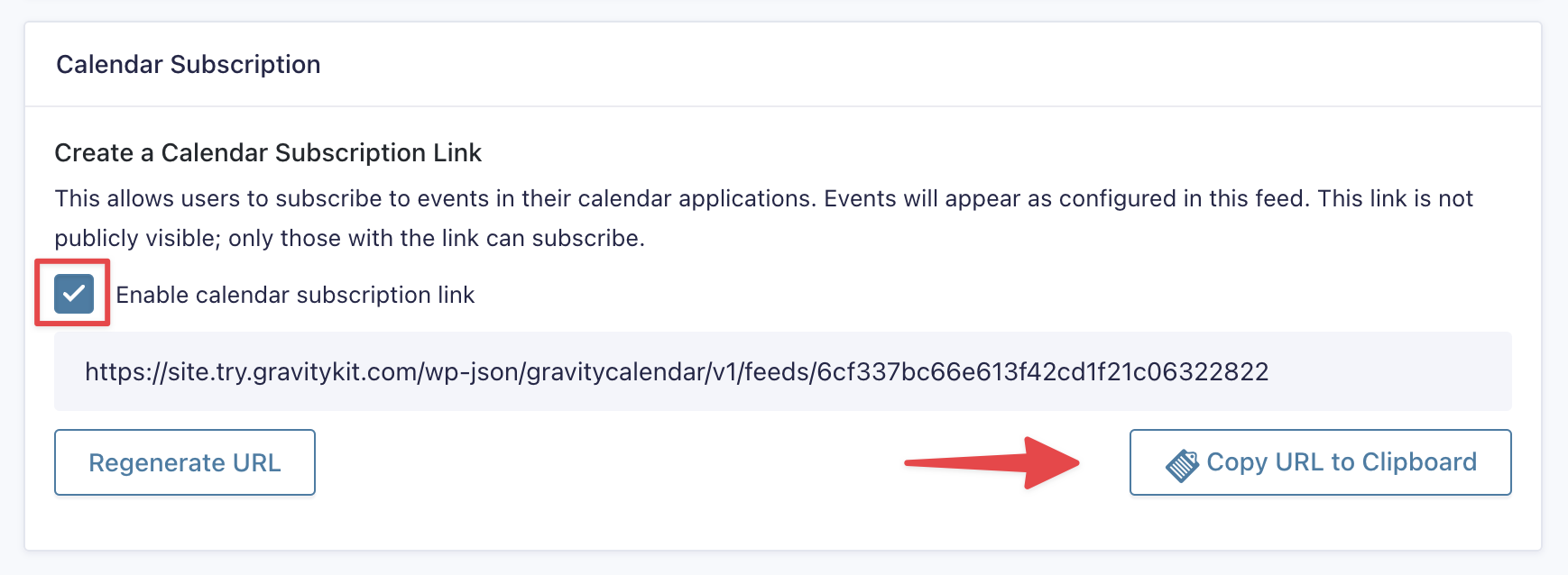 Enable calendar subscription link option with a URL to copy for adding GravityCalendar to Google Calendar