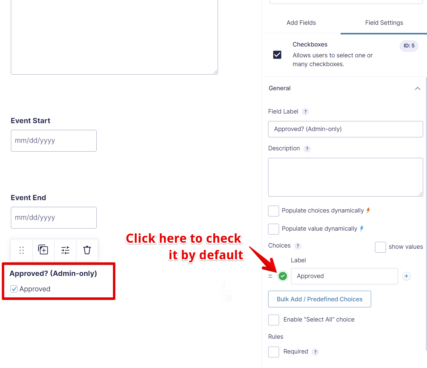 Checkbox setup for auto-approval with default checked option in form submission settings
