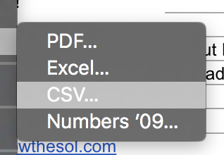 Selecting CSV export option in Apple Numbers