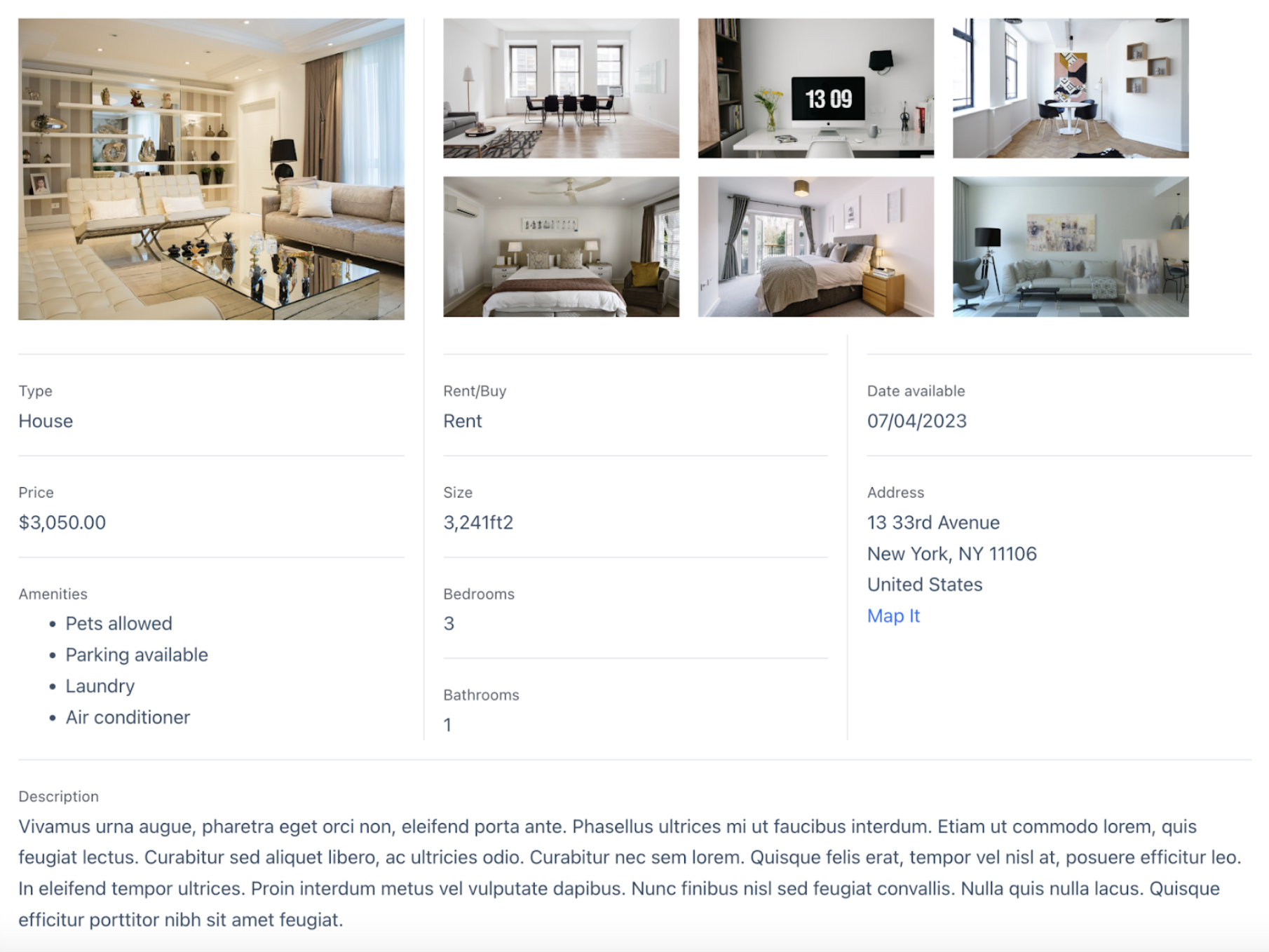 House rental listing showing price, amenities, and photos. Address: 13 33rd Avenue, New York, NY 11106. Available 07/04/2023