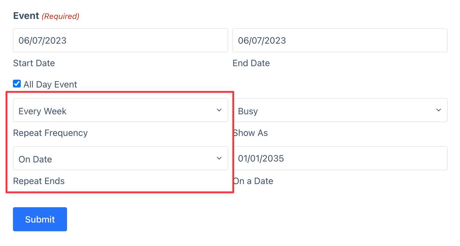 Event setup form with fields for start, end dates, all-day, repeat frequency, repeat end, and a submit button