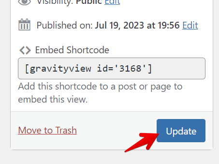 Update button highlighted for embedding a view with shortcode in post