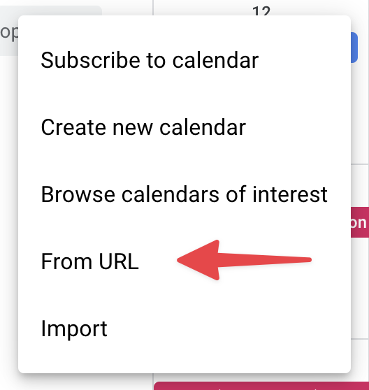 Options menu in Google Calendar interface, highlighting "From URL" for importing calendars