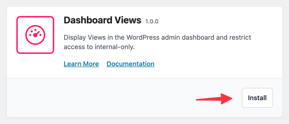 Dashboard Views plugin installation card showing options to learn more or install
