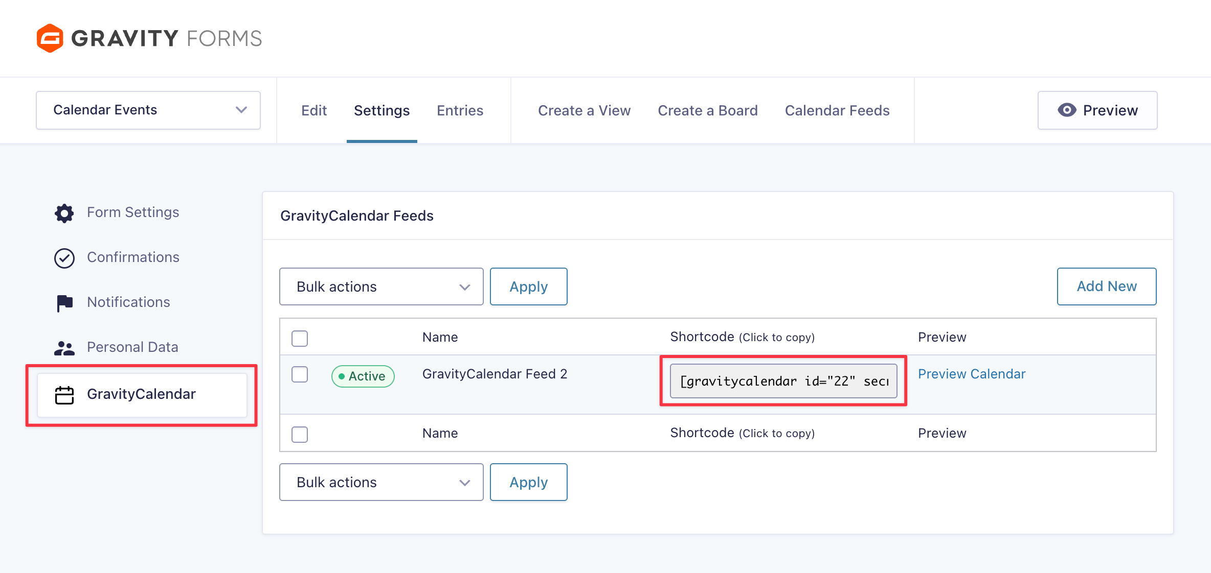 GravityCalendar plugin settings showing feed options with shortcode and preview link
