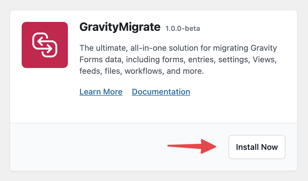 GravityMigrate plugin card with "Install Now" button. Includes links to learn more and access documentation