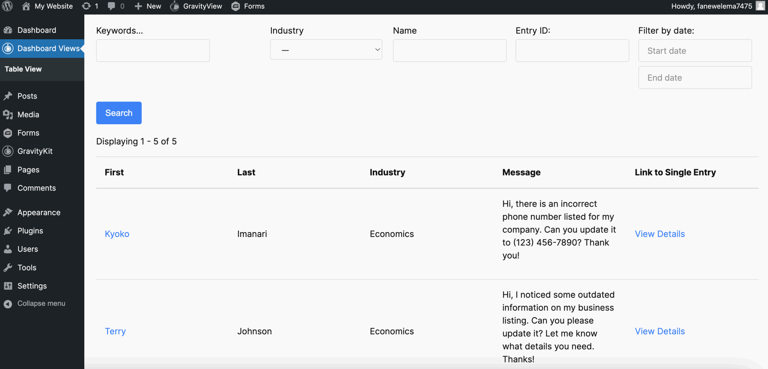 Dashboard view with search filters and a table displaying entries with details and view links
