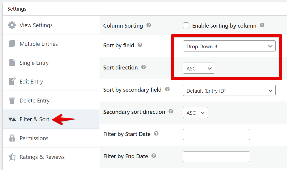 Filter and sort settings showing primary and secondary sort options with ascending order selected