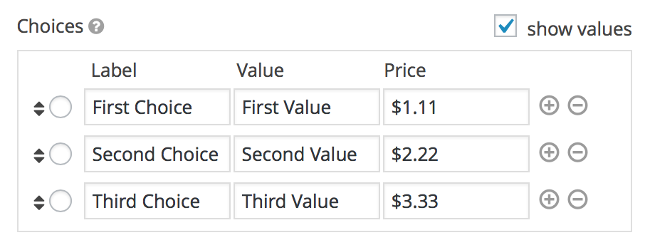 Product Option Choices