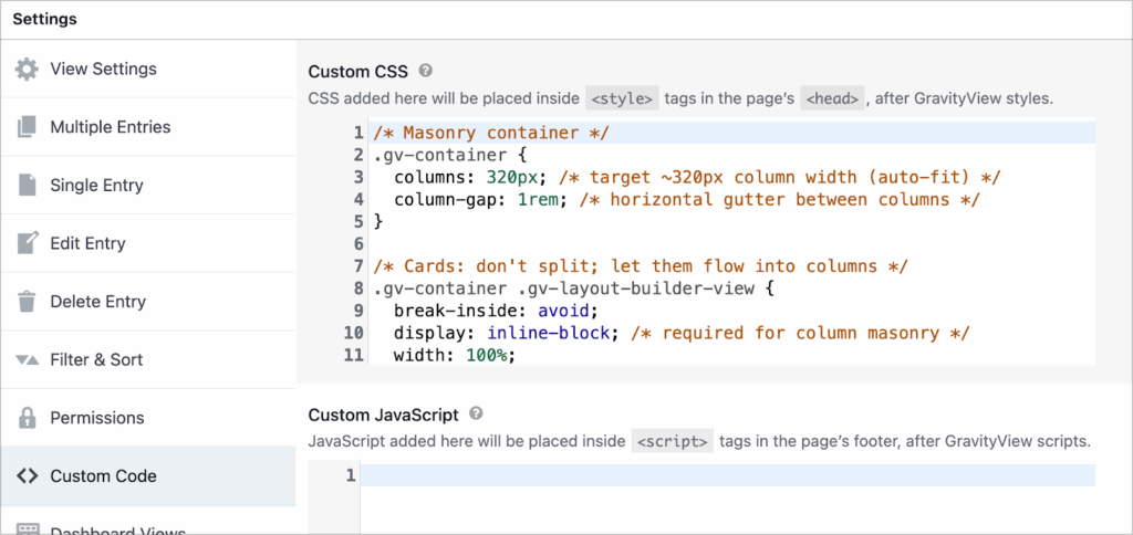 The 'Custom Code' settings in GravityView