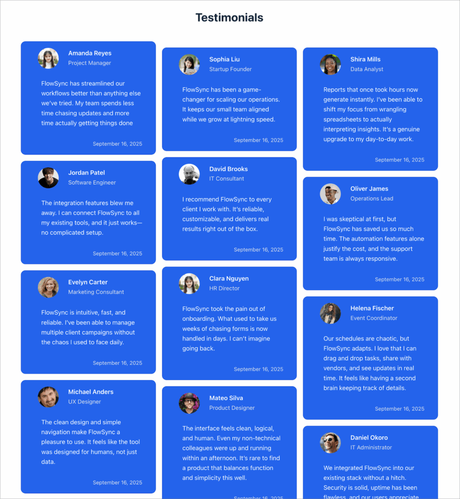 A masonry grid of testimonials