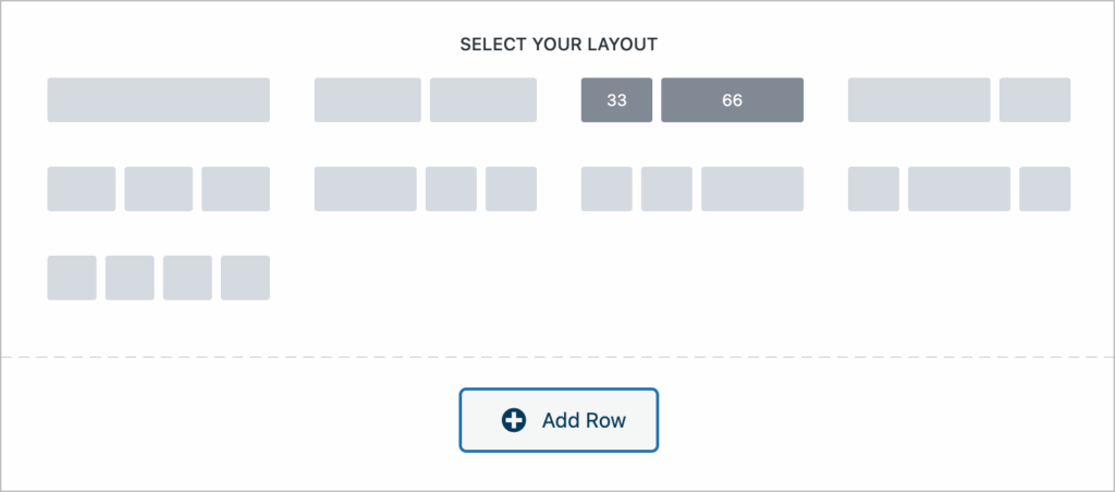 A button labeled 'Add Row'; above are several row options with different column structures