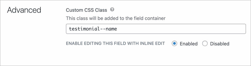 The advanced field settings in GravityView; there is an input box labeled 'Custom CSS Class'.