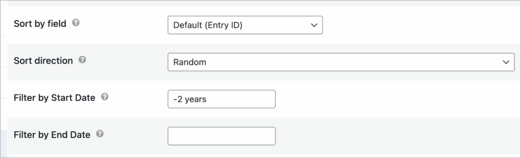 A drop down field labeled 'Sort direction' set to 'Random' and another labeled 'Filter by Start Date' set to '-2 years'