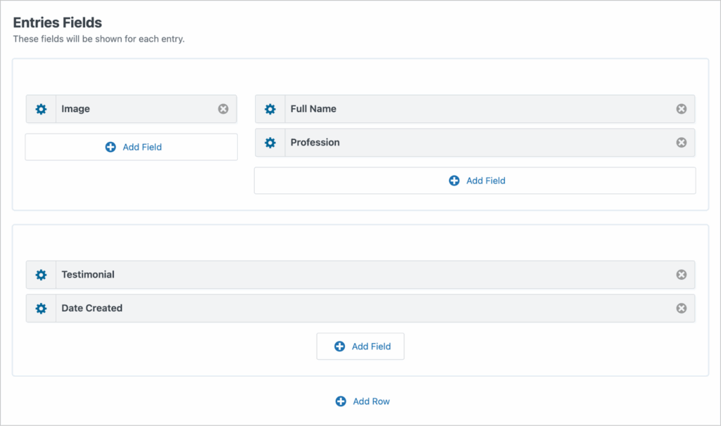 The 'Entries Fields' section of the GravityView editor; here there are several fields visible such an Image, Full name, Profession, Testimonial and Date Created.