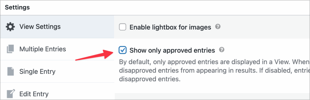 An arrow pointing to a checkbox labeled 'Show only approved entries'