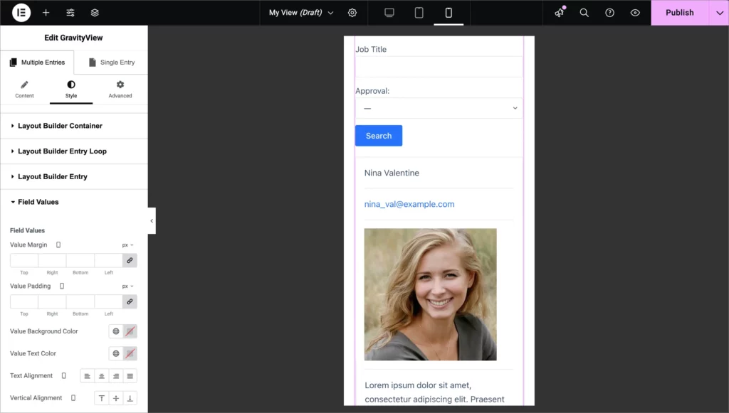 The mobile responsive settings for the GravityView Elementor Widget