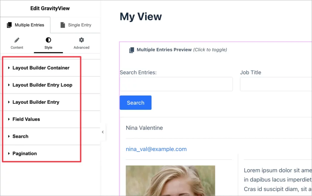 The GravityView Elementor widget 'Style' tab showing style sections for each part of a View.
