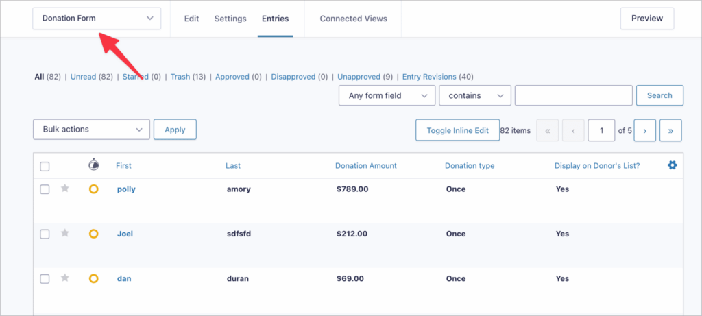 The 'Entries' screen in Gravity Forms