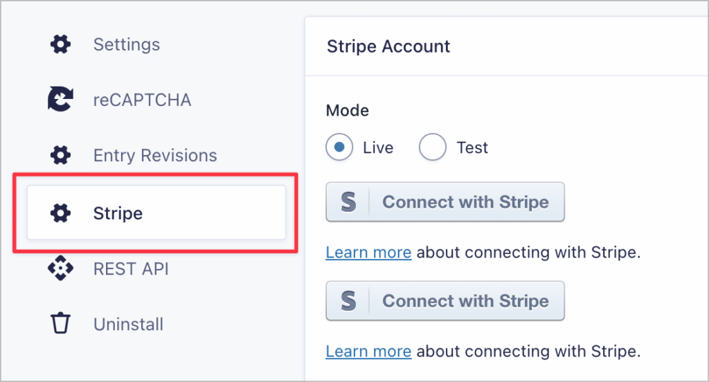 The Gravity Forms Stripe settings
