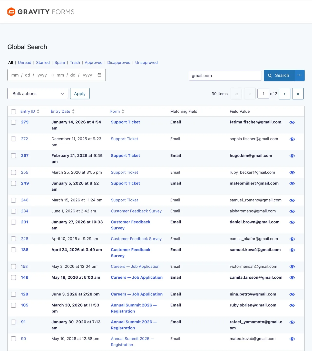 GravitySearch Global Search showing entries from multiple Gravity Forms forms matched by email address, with Matching Field and Field Value columns