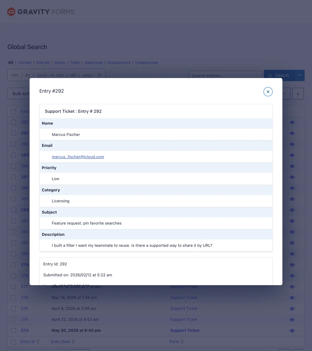 GravitySearch entry preview pane showing a full Gravity Forms submission over the results list