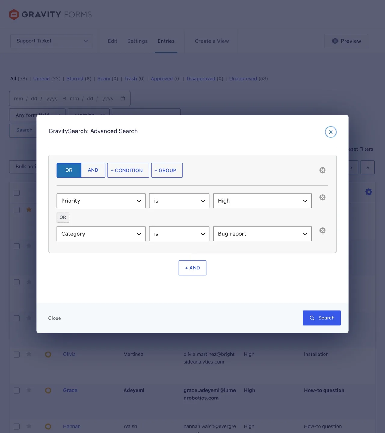 GravitySearch advanced filter builder combining AND and OR conditions on a Gravity Forms entry list