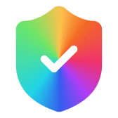 Money-back guarantee represented by a rainbow shield with a white checkmark in the middle