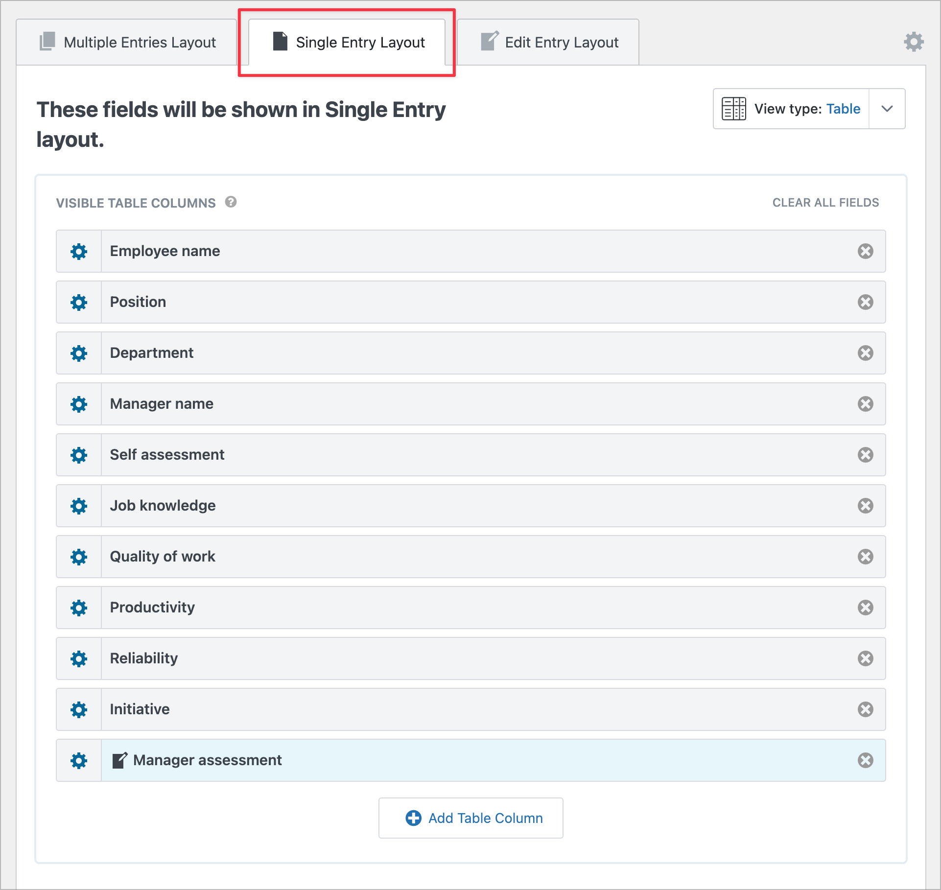 The Single Entry Layout in the View editor. There are several fields visible here.
