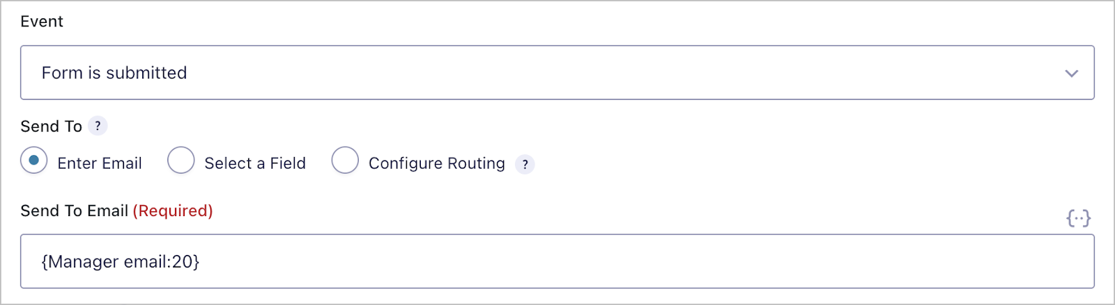 Gravity Forms notification settings. There are 3 input fields visible: Event (set to Form is submitted), Send To (set to Enter Email), and Send To Email (set to the merge tag for the Manager email form field).