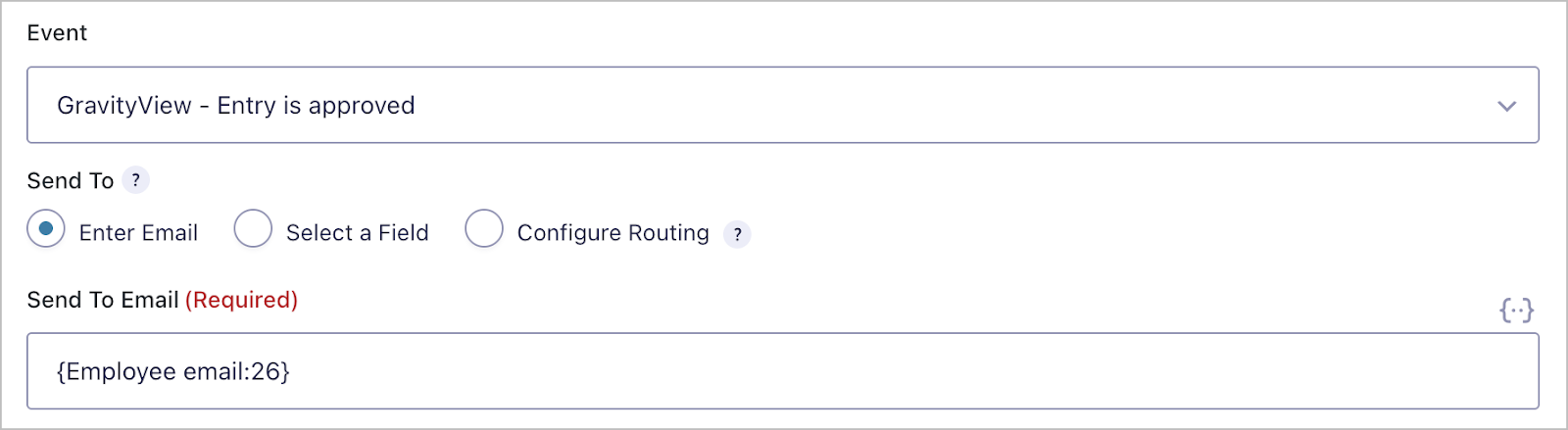 Gravity Forms notification settings. There are 3 input fields visible: Event (set to GravityView - Entry is approved), Send To (set to Enter Email), and Send To Email (set to the merge tag for the Employee email form field).