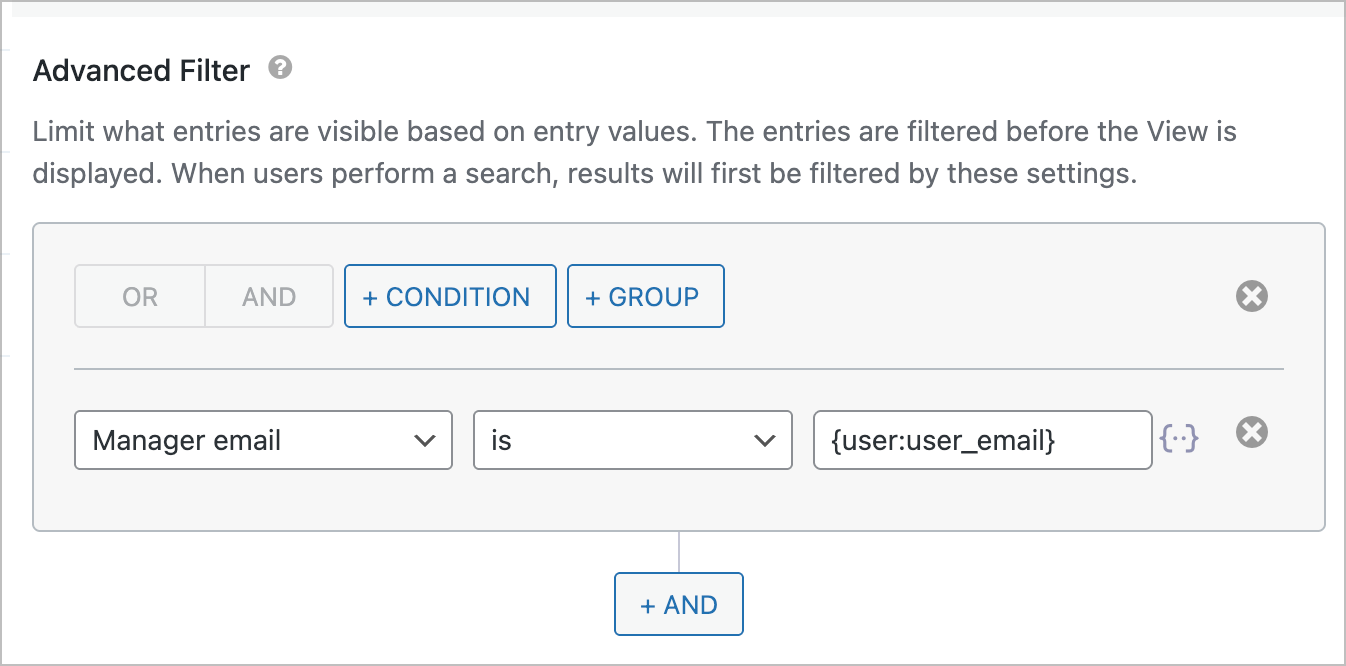 The GravityView Advanced Filter. There is the following conditional set up: Manager email is {user:user_email}