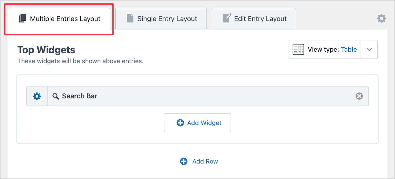 The 'Top Widgets' section of the GravityView editor. The 'Multiple Entries Layout' tab is highlighted.