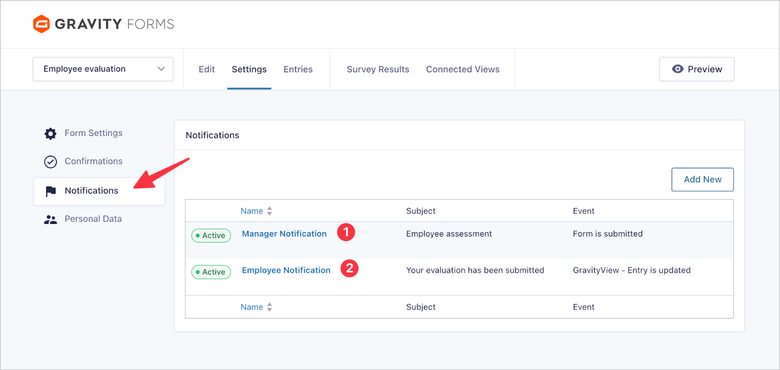 The Gravity Forms Notification feed page. There are two notifications shwn here: 1) Manager Notification, and 2) Employee Notification.