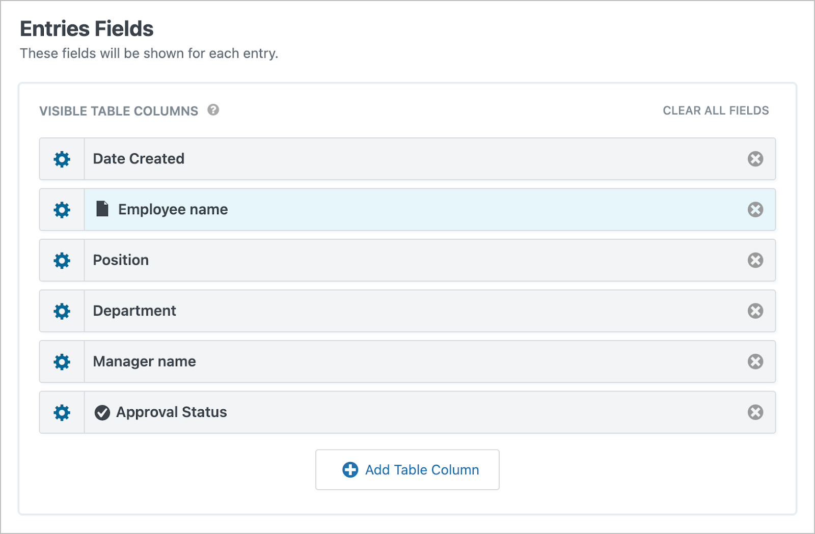 The 'Entries Fields' section of the View editor. Here there are several fields visible.