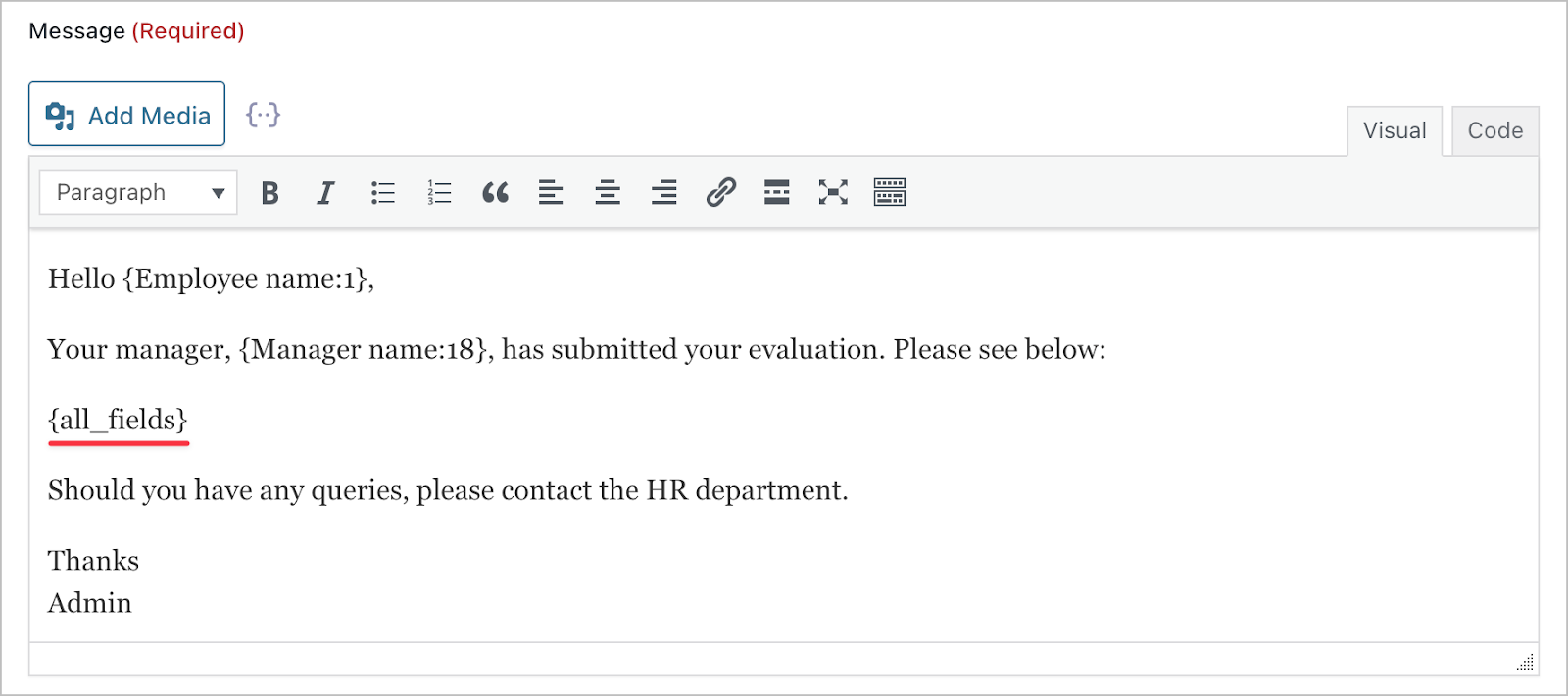 A email notification message. The all_fields merge tag is highlighted.