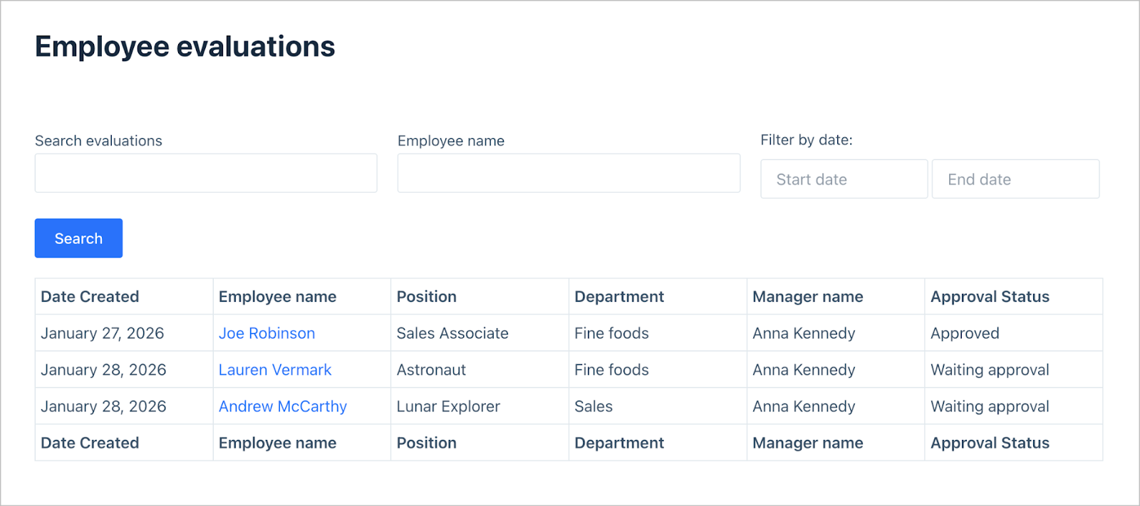 A dashboard titled 'Employee evaluation'. There is a search bar with three search fields and a table below showing employee evaluations including approval status