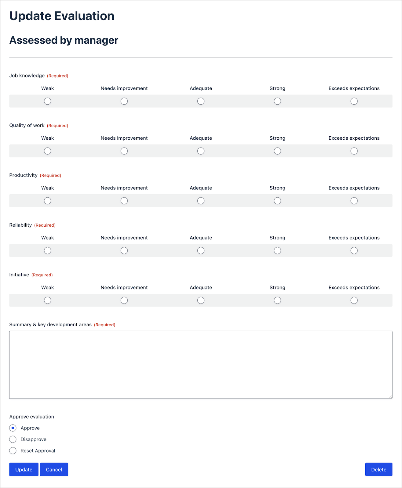 A form titled 'Update Evaluation' with performance evaluation fields