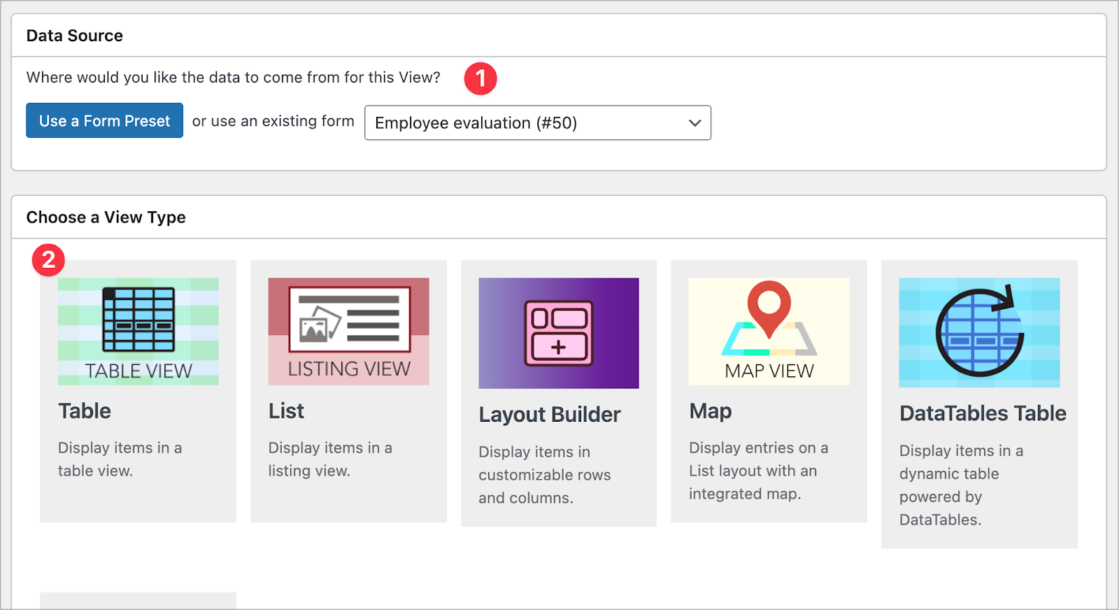 The View creation screen in GravityView: There is a dropdown for selecting a data source and a metabox for selecting a View Type