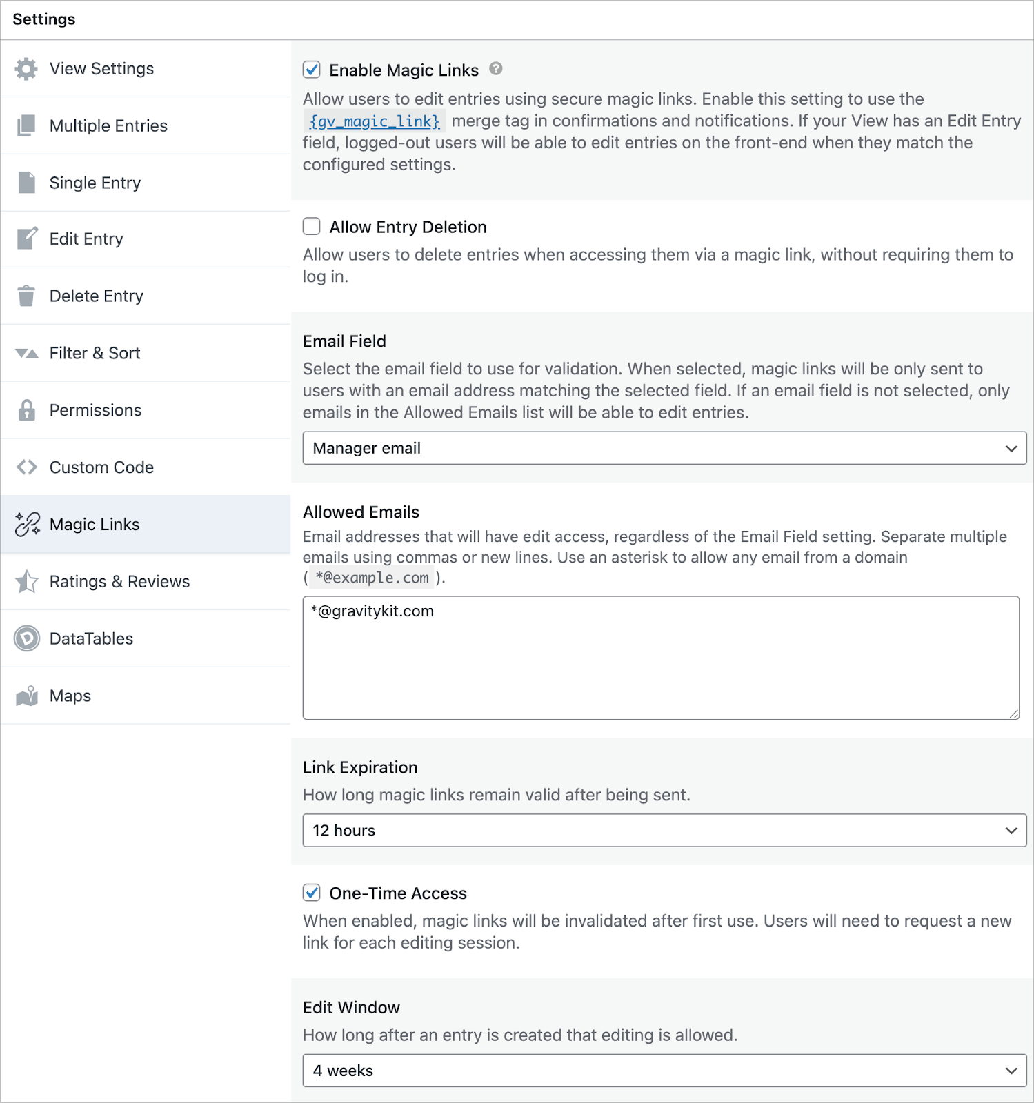 The 'Magic Links' settings in the GravityView View settings metabox
