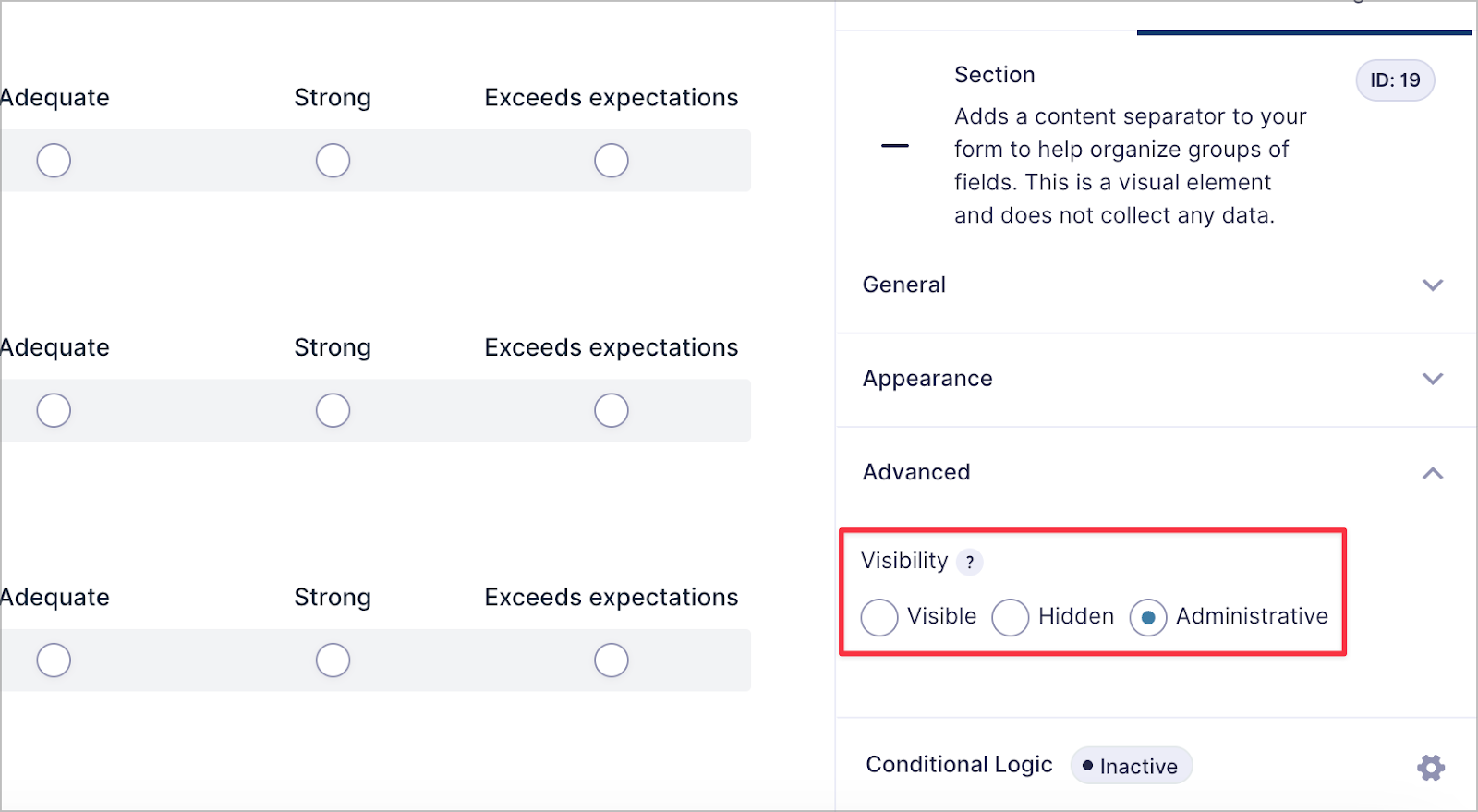 Field visibility settings in Gravity Forms—the 'Administrative' option is checked
