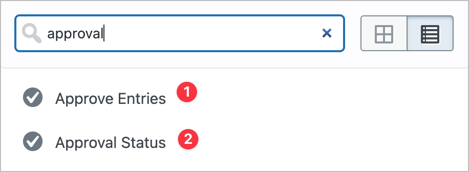 Searching for approval in the field picker showing the Approve Entries and Approval Status fields