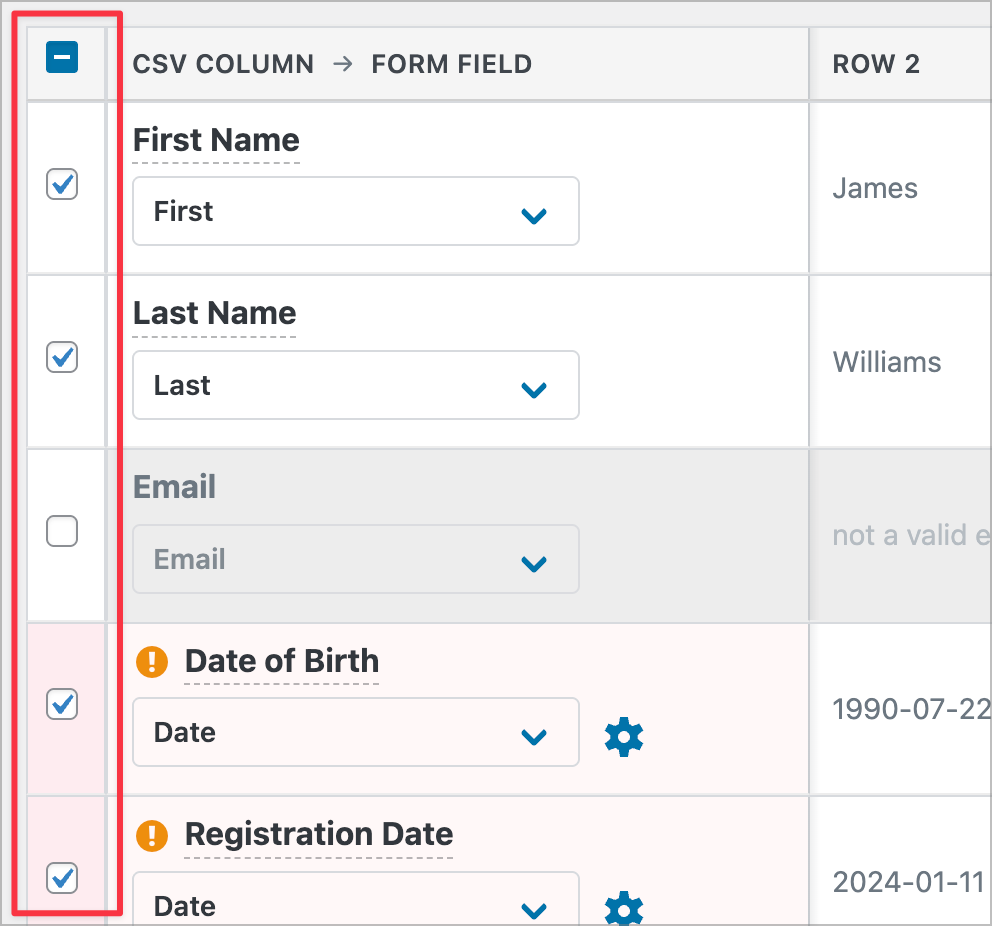 GravityImport field mapping interface with a red highlighted border around the checkbox column on the left side. The checkboxes allow users to select or deselect individual CSV columns for import. Shown fields include First Name, Last Name, Email (unchecked, with grayed-out row), Date of Birth, and Registration Date. Date fields display a gear icon for additional configuration options. Warning icons appear next to Date of Birth and Registration Date indicating validation issues.