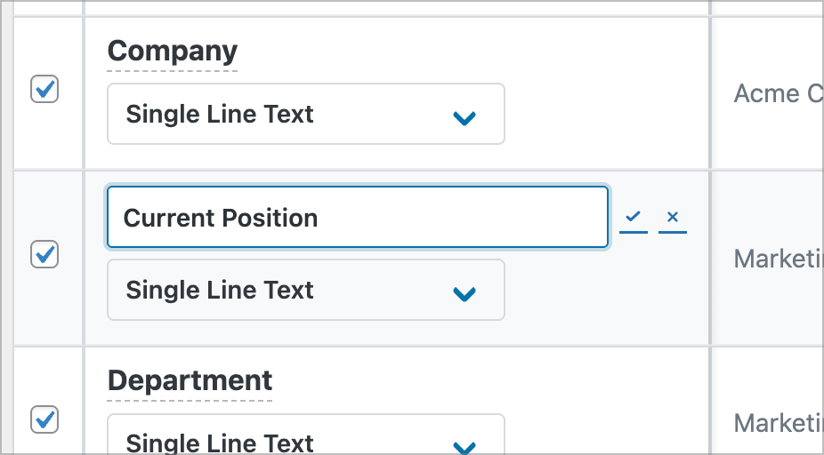 GravityImport interface showing inline editing of a column heading. The second row displays a text input field with "Current Position" being typed, replacing the original "Job Title" column name. Checkmark and X buttons appear to the right of the input field to confirm or cancel the edit. Other visible columns include Company and Department, both mapped to "Single Line Text" field types.