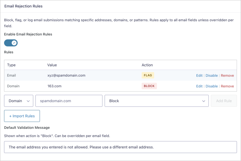Screenshot of the Email Rejection Rules settings in Gravity Forms, displaying options to enable rules, add specific email and domain patterns, and set actions such as 'Flag' or 'Block'.