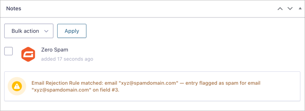 Screenshot of Gravity Forms Zero Spam notification showing an email rejection rule matched alert, indicating an entry flagged as spam.