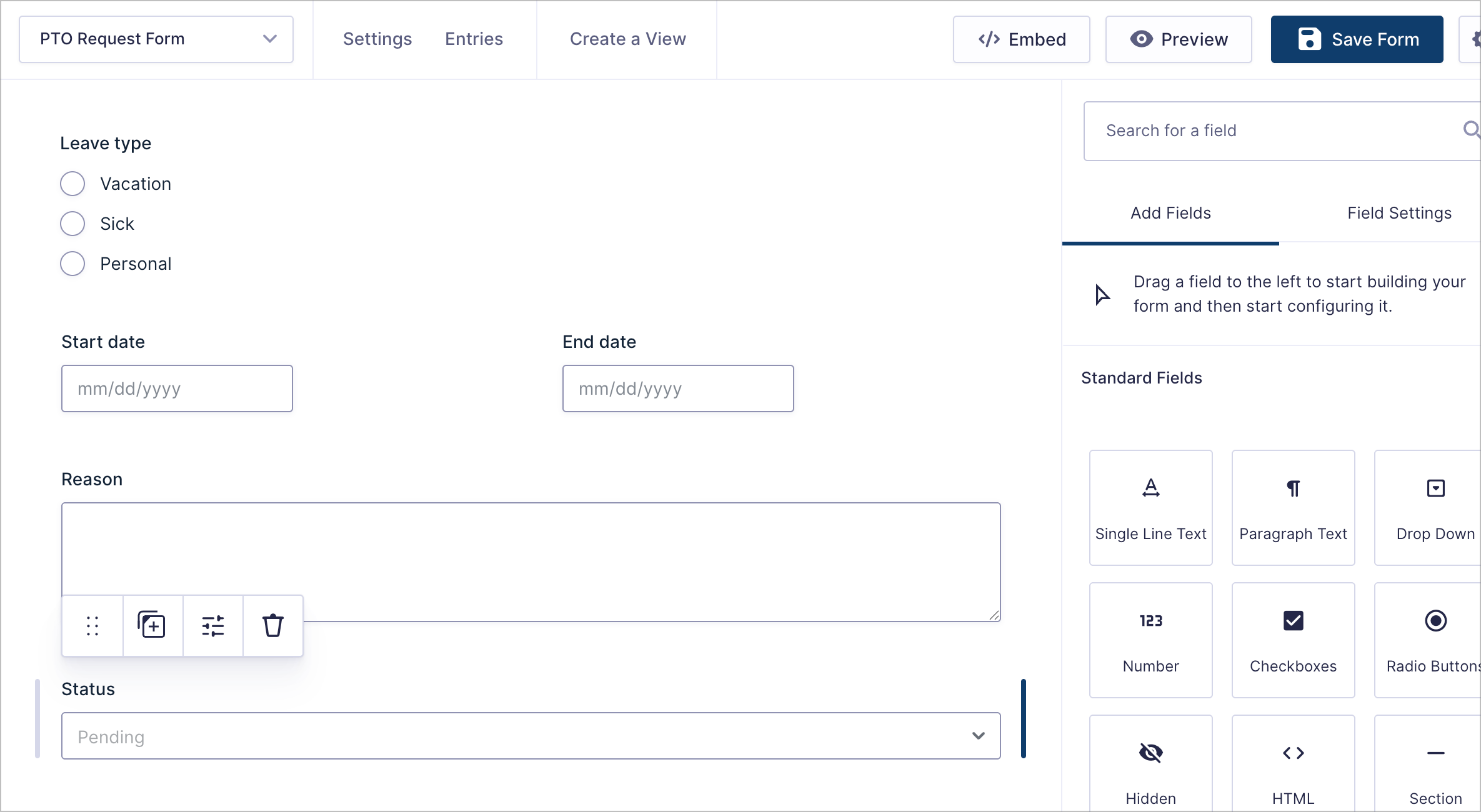 PTO Request form in the Gravity Forms editor showing Leave Type, Start Date, End Date, Reason, and Status fields