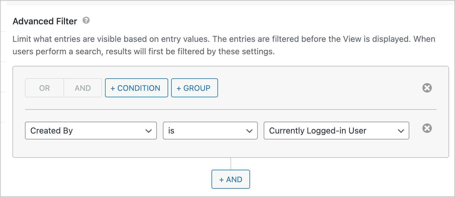 Advanced Filter settings with Created By set to is Currently Logged-in User